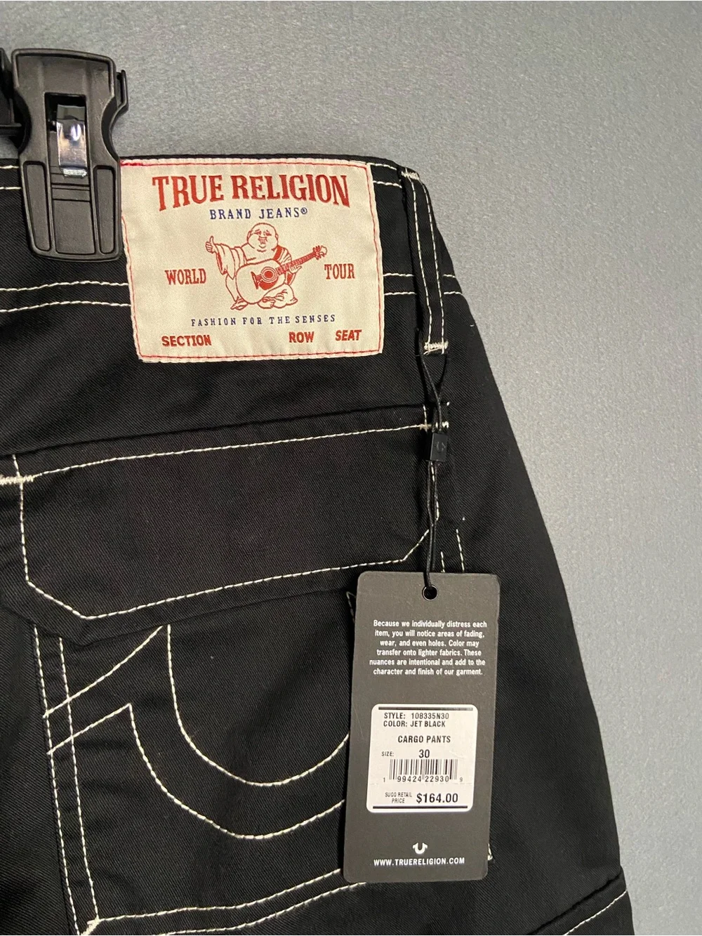 True Religion Men’s Black Cargo Pants with Contrast Stitching